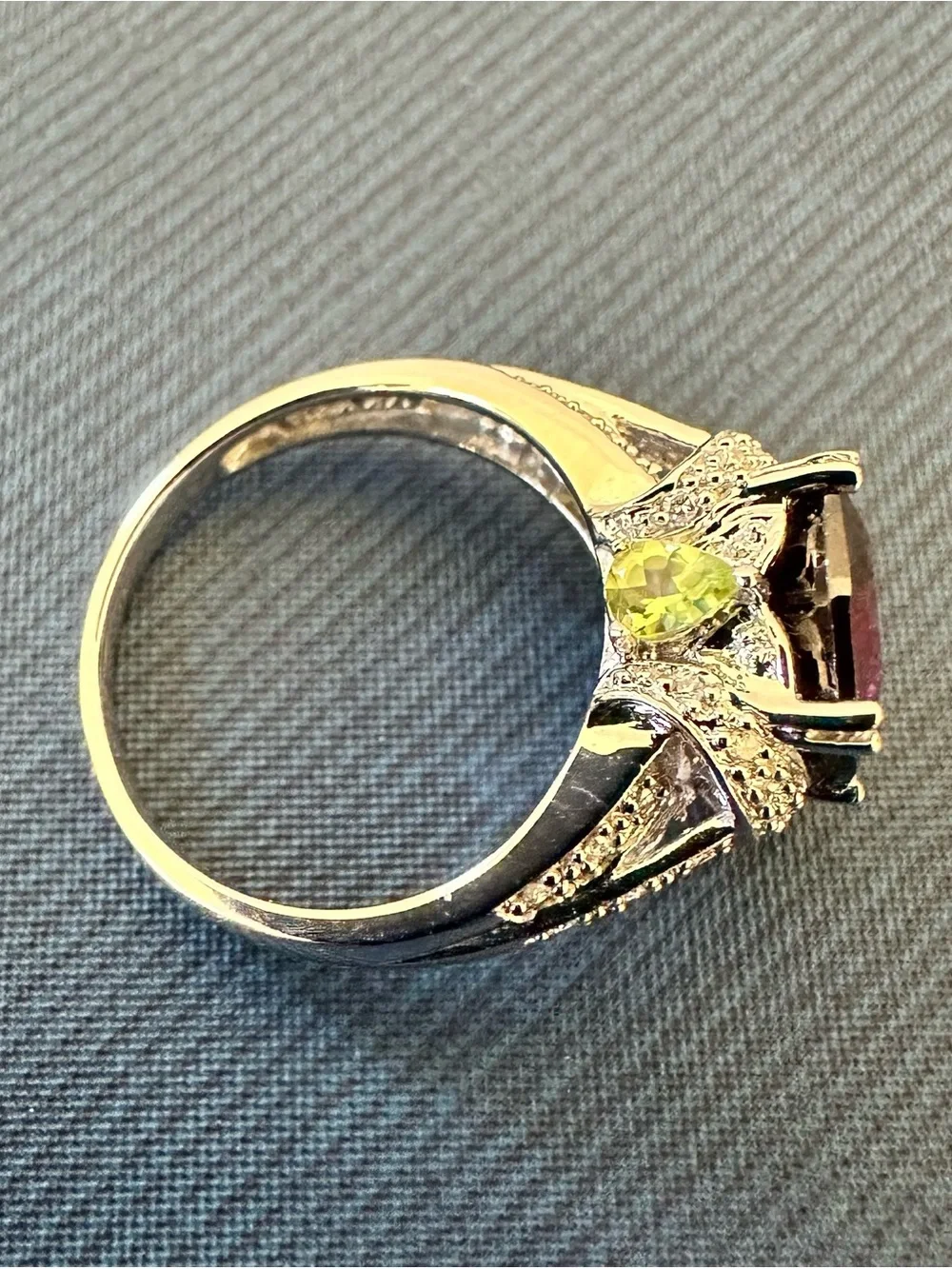 Solid 14K White Gold Cushion Rhodolite Garnet Ring with Peridot & Diamonds Size